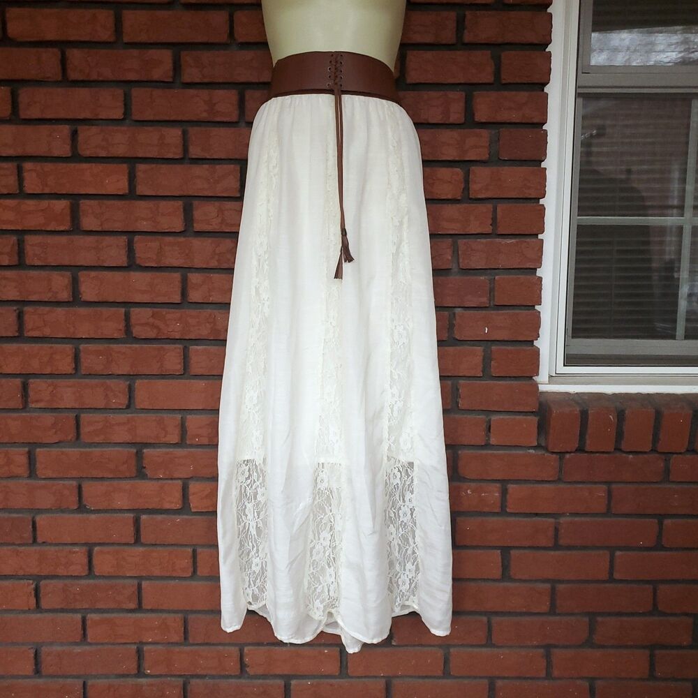 Vintage Ivory Full Maxi Skirt Sz 2X Boho Western Chic Ren Faire Lace Up Front